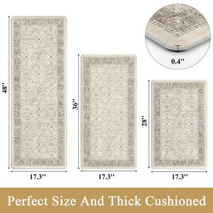 Pauwer Anti Fatigue Kitchen Floor Mats Set of 3, PVC Foam Padded Kitchen Rugs, Non Slip Cushioned Comfort Standing Mat, Waterproof Sink Rug for Small Kitchen Area, Laundry Room, Khaki
