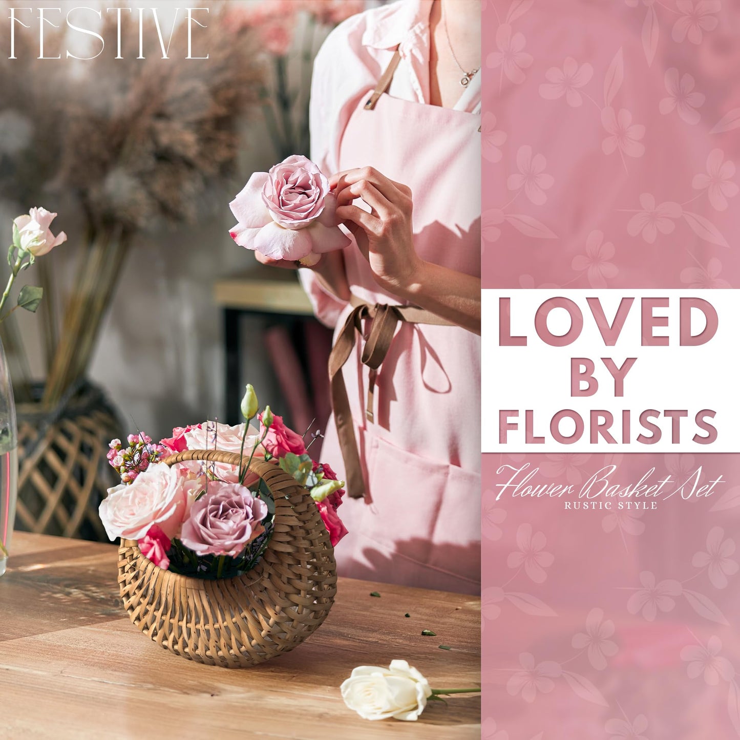 Small Flower Girl Basket Set of 2 - Small Wicker Basket with Handle and Waterproof Lining, 6.3 x 5.12 x 3.75 Inch - Rattan Design for Wedding Flower Petals, Candy, Gift Use, Storage and Home Decor