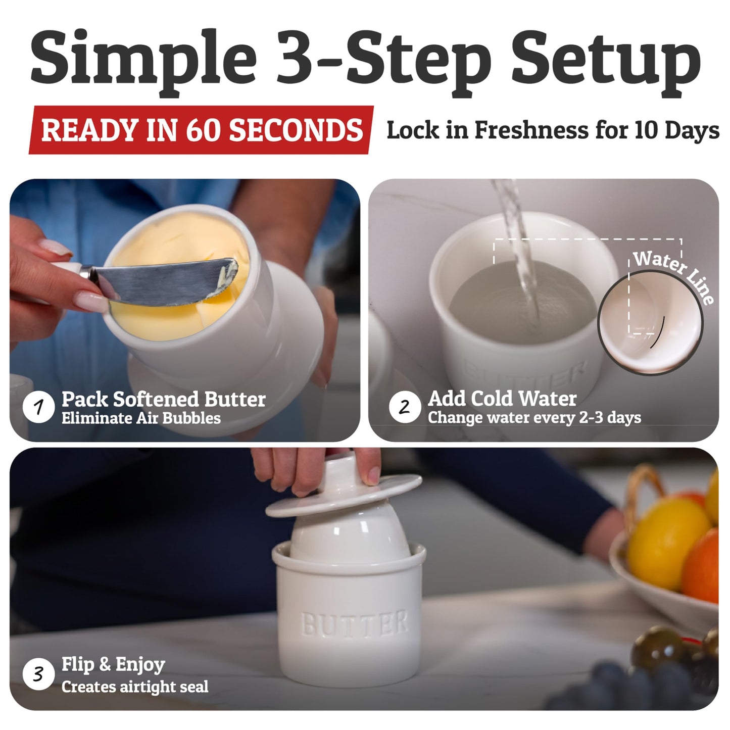 Priority Chef Butter Crock with Lid with Water Line, Ceramic French Butter Dish to Leave On Counter, White