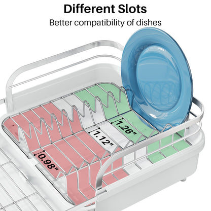 SNTD Dish Drying Rack, Expandable Dish Rack for Kitchen Counter, Stainless Steel Dish Drainer with Drainboard Set and Utensil Holder (White)