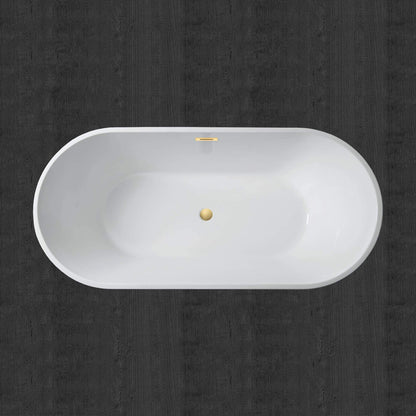 WOODBRIDGE 67" Acrylic Freestanding Bathtub Contemporary Soaking White Tub with Brushed Gold Overflow and Drain，B0013 -BG-Drain &O