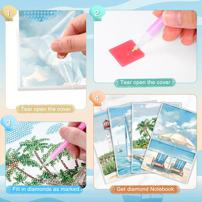 Mooliwe 4 Pcs Diamond Painting Notebook for Adults, Diamond Art Journal DIY Art Kits Sets A5 Leather Painting Sketchbook Christmas Gifts for Adults Beginners(Beach)