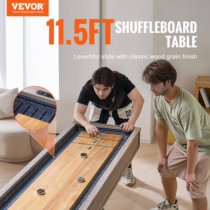VEVOR Shuffleboard Table, 11.5 ft Shuffleboard for Family Game Rooms, 2 in 1 Shuffleboard and Bowling Combo Game Set, with Scratch-Resistant Playfield, Legs, 8 Pucks, Bowling Set, Wax, and Table Brush