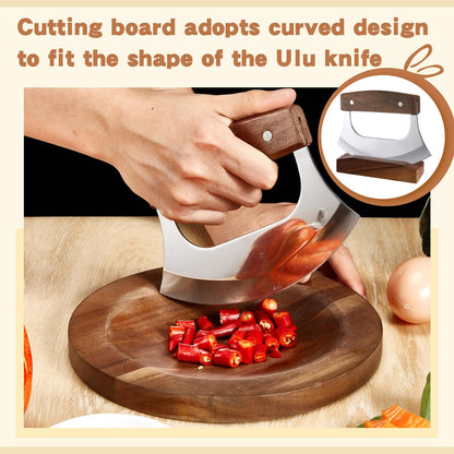 Sunnychicc 2 Pcs Mezzaluna Ulu Knife and Cutting Board Set Rocker Chopper Slicer Cutter with Stand Cutting Board Mezzaluna Chopper Alaskan Ulu Knife Kit for Onion Vegetable Mincing Tool(Walnut Wood)