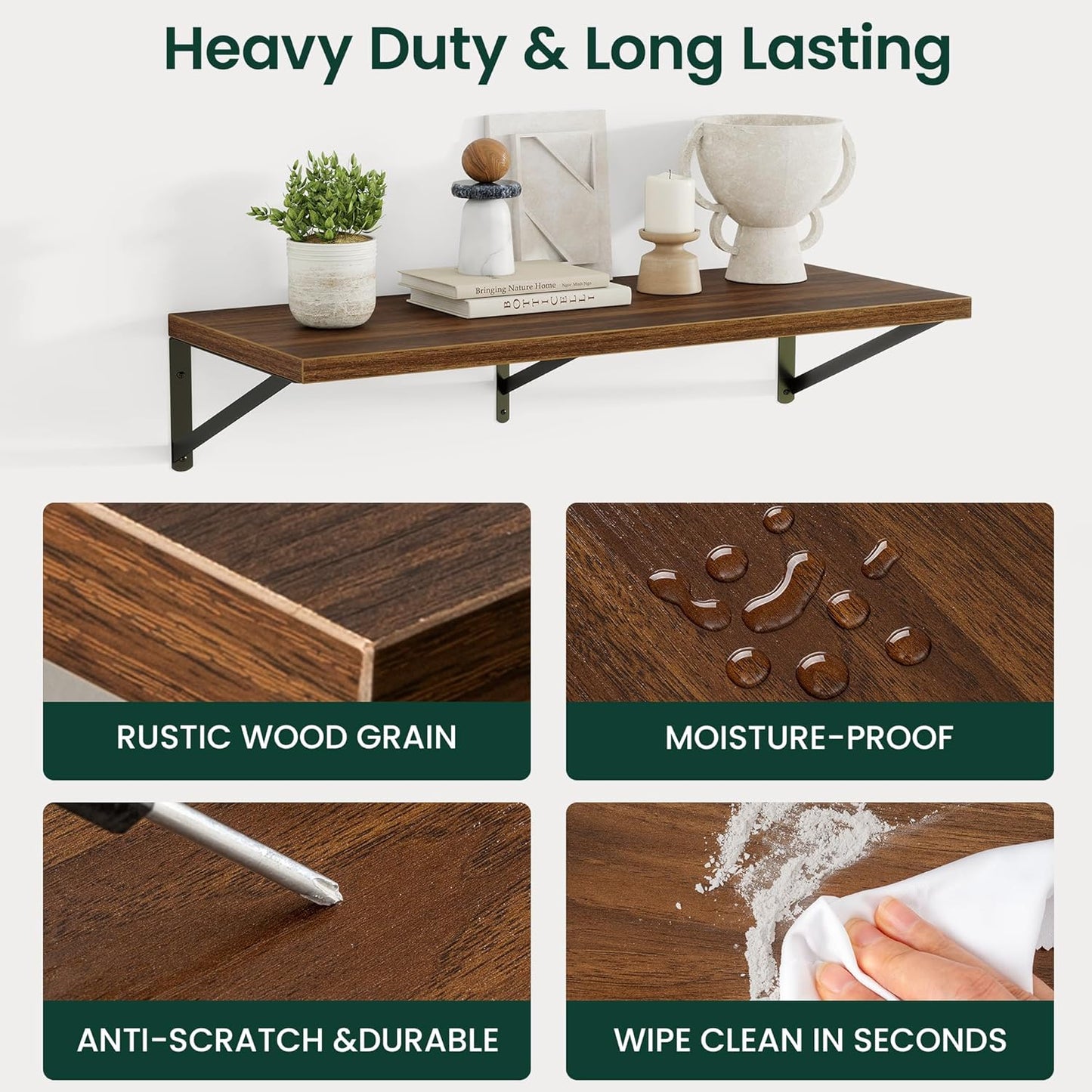 12 Inch 16W 12D Set 2, Floating Shelves, Deep Rustic Wood Wall Storage, x Wall Shelves of Heavy Duty Metal Brackets