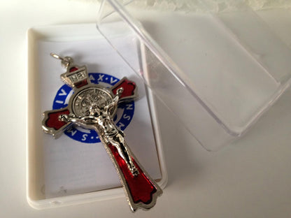 Hand Made St Benedict Cross Medal Crucifix, 3" Tall, Silver Plated with Red Enamel
