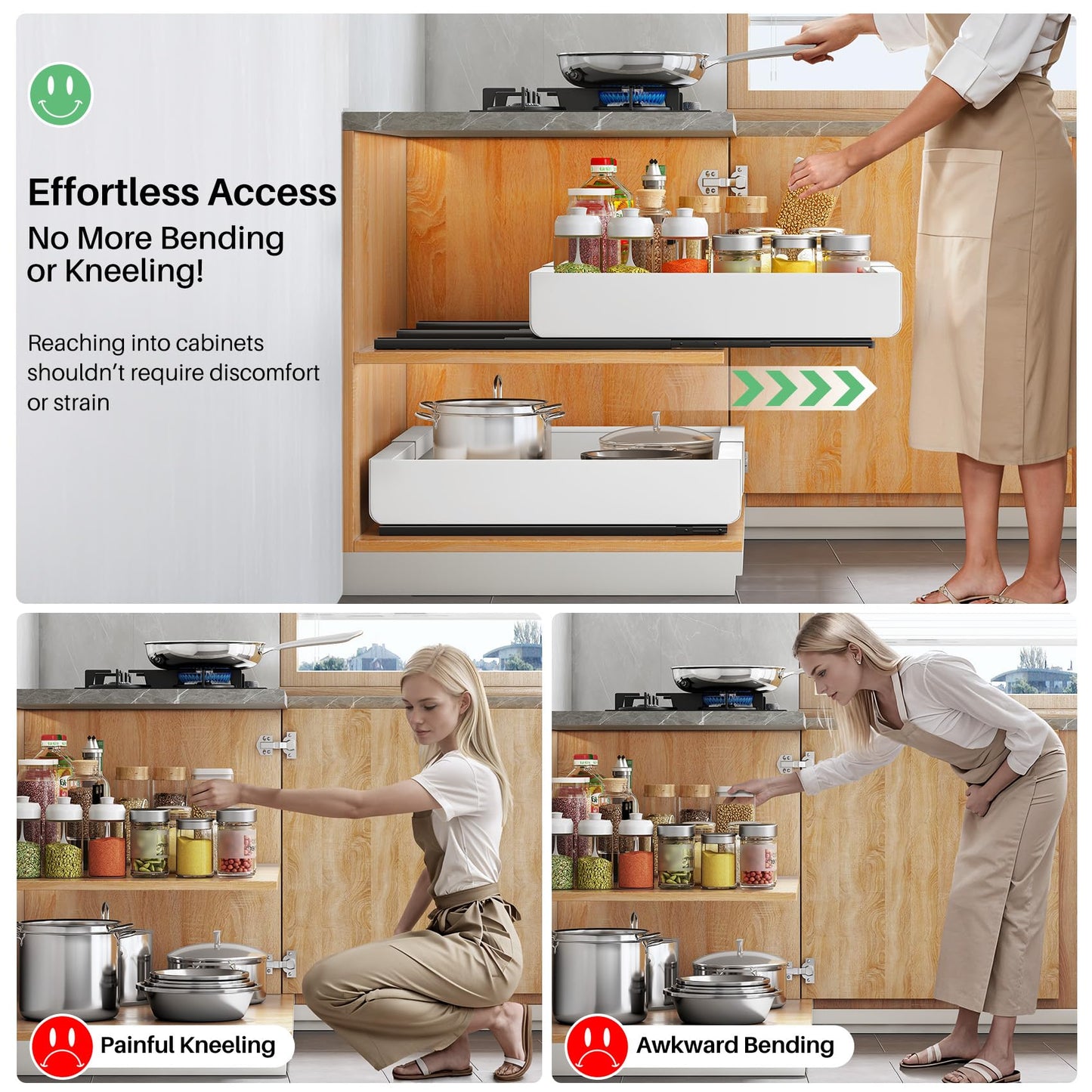 Pull out Cabinet Organizer, Expandable(12"-20") Heavy Duty Slide out Drawers Fixed with Adhesive Nano Film for Pots, Roll out Shelf Storage for Kitchen Base Cabinet, Pantry, Bathroom Cupboard