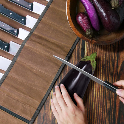Chef Knife Roll Bag,Waxed Canvas Knife Travel Case,Heavy Duty Professional Knife Carrier Storage Holder with 10 Slots,Portable Kitchen Culinary Tool Organizer for Men,Fits up to 18.8” Knives.Khaki