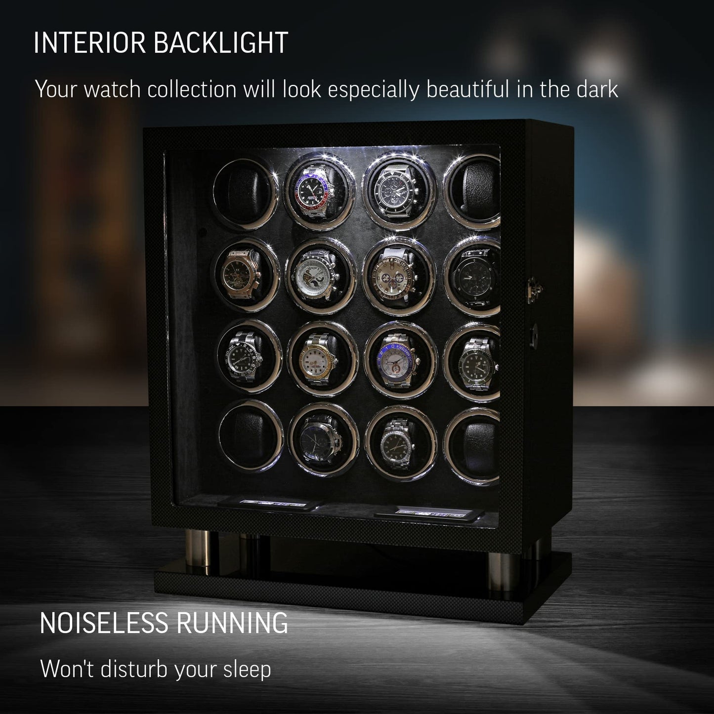 16 Watch Winder for Automatic Watches with LED Light and Coordinated Rotor Stop (Carbon)