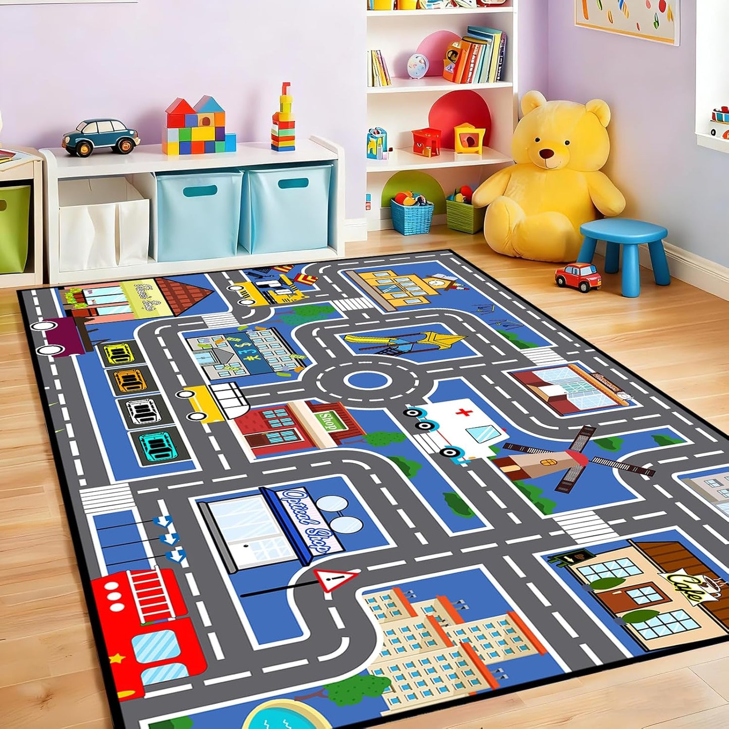2'5''4' Car Track Rug Blue Road Rug for Kids, Car Traffic Road Play Mat for Kids Room Bedroom Decor City Carpet