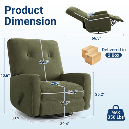 GarveeHome Recliner Chairs, Swivel Rocker Recliner, Glider Recliner Nursery Chair for Adults, 360° Swivel Glider Rocking Chair for Living Room, Bedroom, Office, RV, Small Spaces, Corduroy, Green