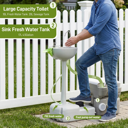 Outvita Portable Sink and Toilet Combo, 5 Gallon Hand Washing Station & 5.3 gallon Flushing Toilet, Detachable Wastewater Recycled Perfect for Outdoor Camping RV Travel Boat