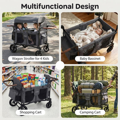 BABY JOY Wagon Stroller for 4 Kids, Foldable Stroller Wagon with Removable Canopy, Adjustable Handle, Snack Tray, Parent Organizer, 5-Point Safety Harness, Convertible Diaper Bag/Changing Pad (Gray)