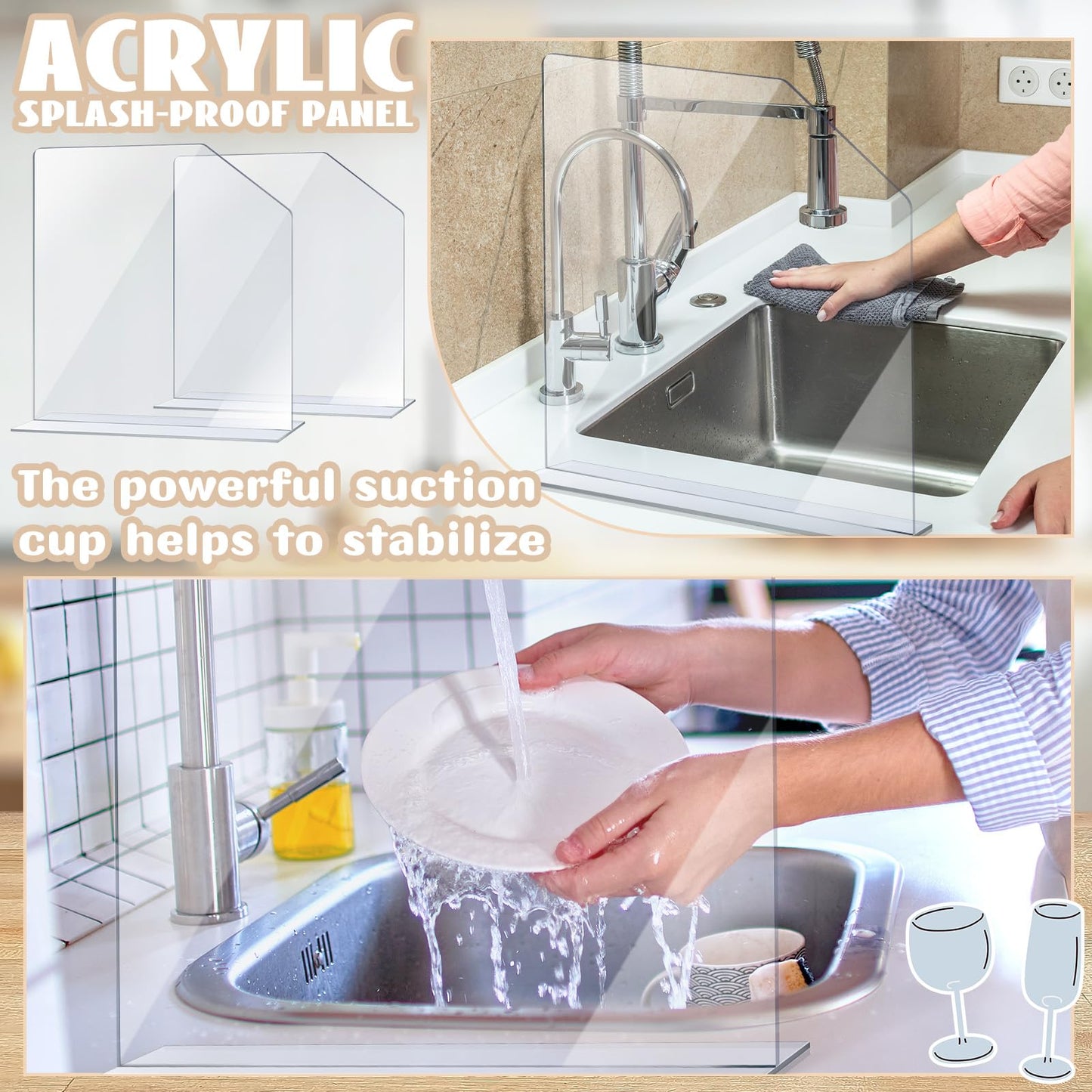 2 Pcs Clear Acrylic Sink Splash Guard with Suction Cup Freestanding Panel Barrier 15.35" x 4.5" x 14.01" Barrier Kitchen Guard Protective Splatter Barrier for Home Hospitals