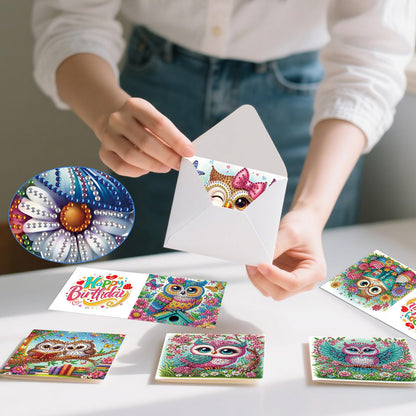 POETRYDRAW 6 Pack 5D DIY Diamond Art Painting Owl Greeting Card Kit, Diamond Birthday Holiday Greeting Card, Art Crafts Kit Creative with Envelope