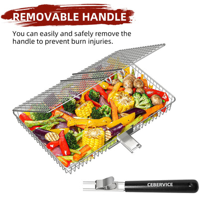 CEBERVICE Grill Basket Extra Large, SUS304 Stainless Steel, Portable Folding BBQ Camping Grilling Rack for Fish, Vegetables, Shrimp, Barbeque Griller Cooking Accessories, Grilling Gifts for Men, Dad