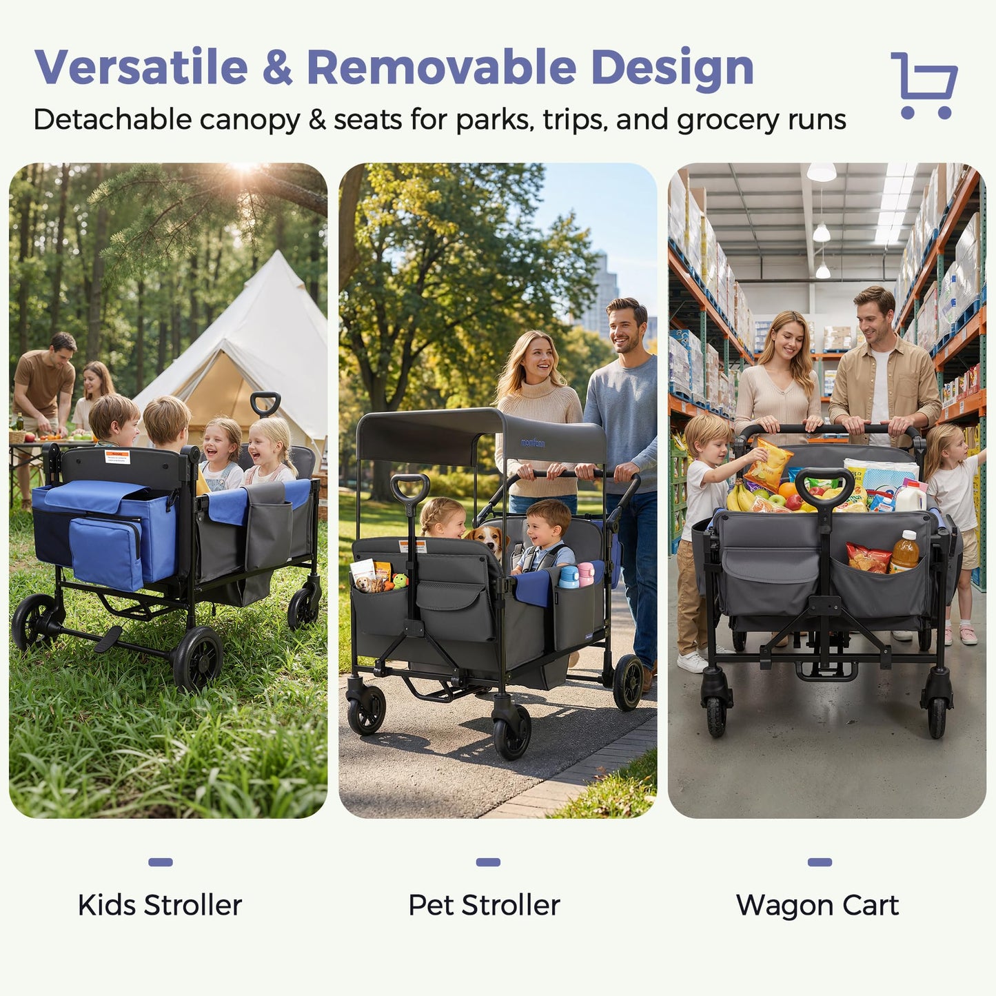 MOMFANN Wagon Stroller for 4 Kids, All-Terrain 4-Seater Folding Wagon with 5-Point Harness, Adjustable Push-Pull Handle, Removable Canopy, Oversized Storage Organizer, Compact Fold - Grey