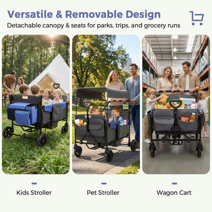 MOMFANN Wagon Stroller for 4 Kids, All-Terrain 4-Seater Folding Wagon with 5-Point Harness, Adjustable Push-Pull Handle, Removable Canopy, Oversized Storage Organizer, Compact Fold - Grey