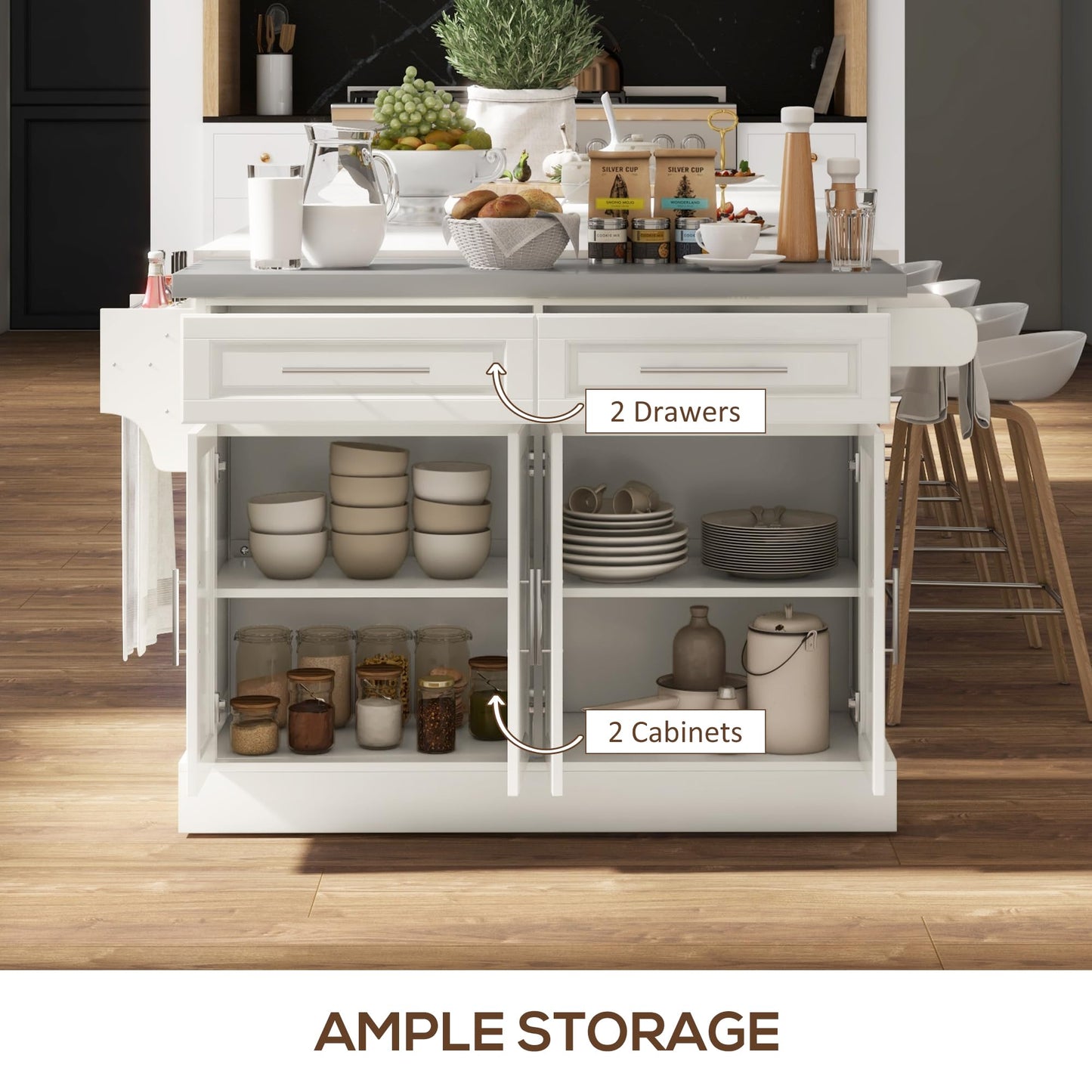 HOMCOM Rolling Kitchen Island Cart with 47" Stainless Steel Top, Portable Island Table for Kitchen with Wheels, Adjustable Shelves, 2 Drawers, Spice, Knife and Towel Rack, Cream White