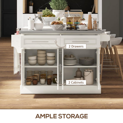 HOMCOM Rolling Kitchen Island Cart with 47" Stainless Steel Top, Portable Island Table for Kitchen with Wheels, Adjustable Shelves, 2 Drawers, Spice, Knife and Towel Rack, Cream White