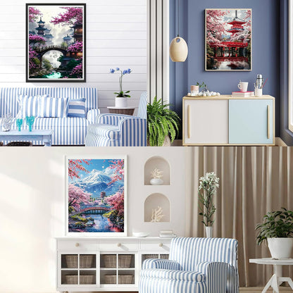 Diamond Art Kits for Adults - 3 Pack Sakura Landscape 5D Diamond Painting Kits for Beginner,DIY Mount Fuji Gem Art Full Drill Diamond Dots Crystal Craft Kits for Home Wall Decor Gifts 12x16inch