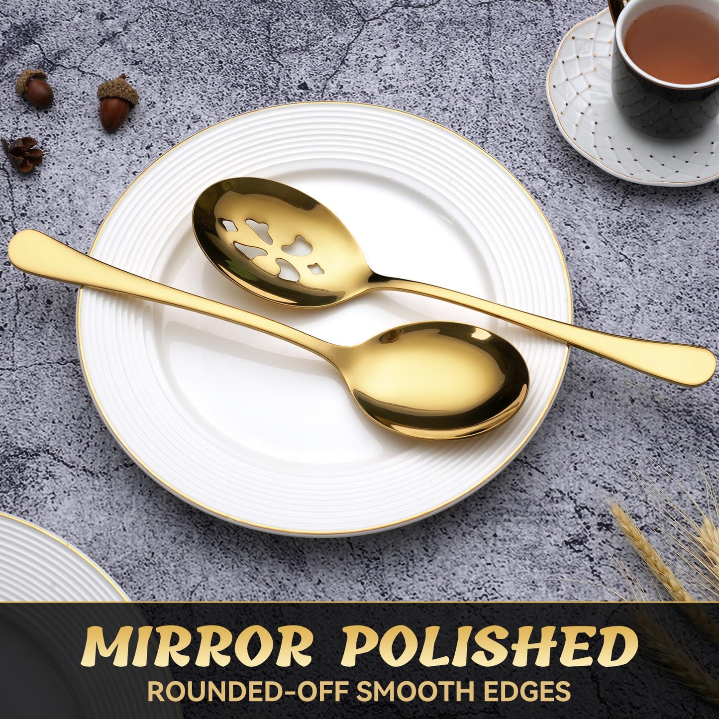 Keyoxy 4 Piece Stainless Steel Serving Spoon Set - 2 Large, 2 Slotted,Dishwasher Safe,10-Inch,Gold, for Parties/Kitchen/Buffet/Catering