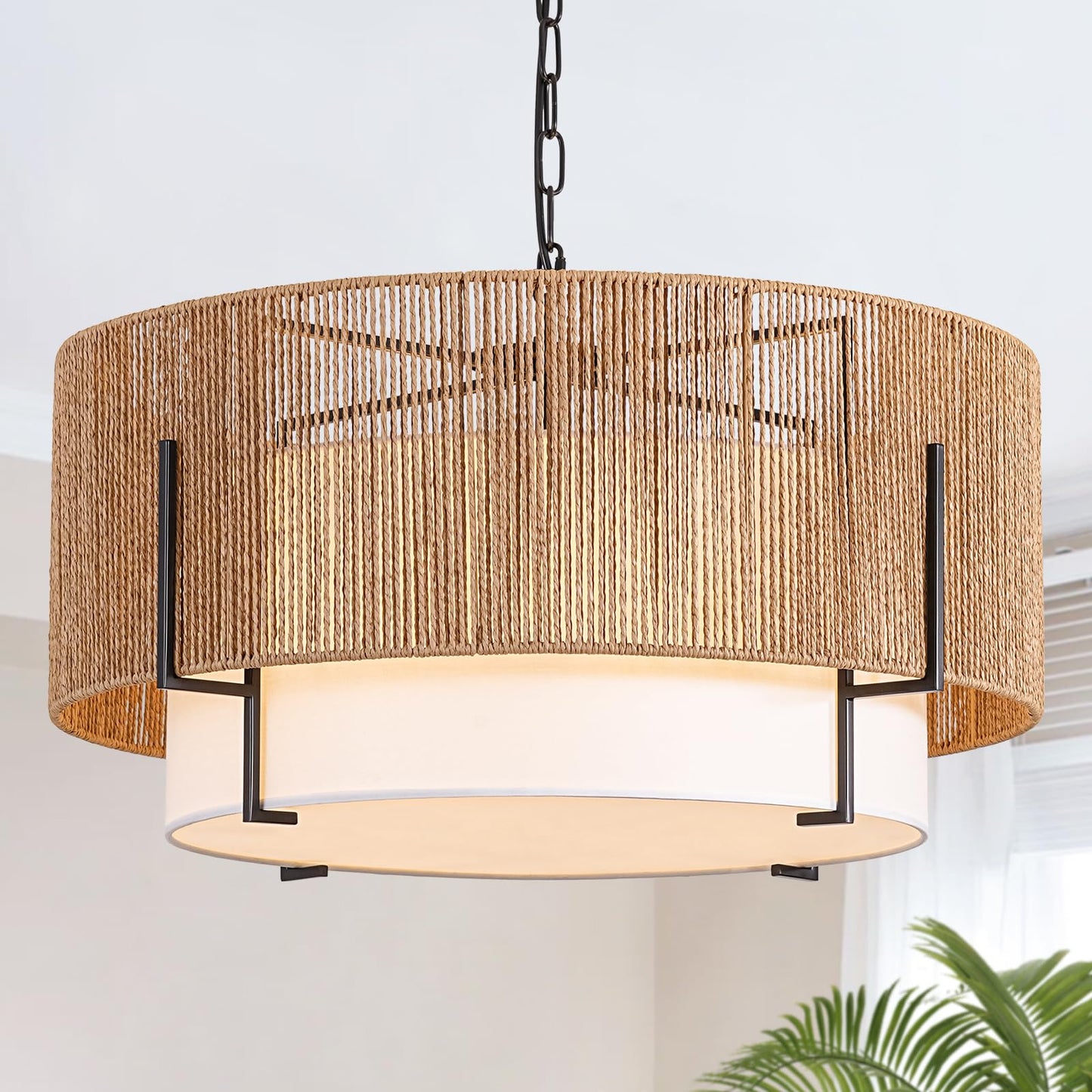 25.6" Large Rattan Chandelier, 6-Light Boho Pendant Light with Fabric Shade, Farmhouse Rattan Hanging Ceiling Light Fixture for Dining Room, Living Room, Kitchen Island, Bedroom, Hallway, Foyer