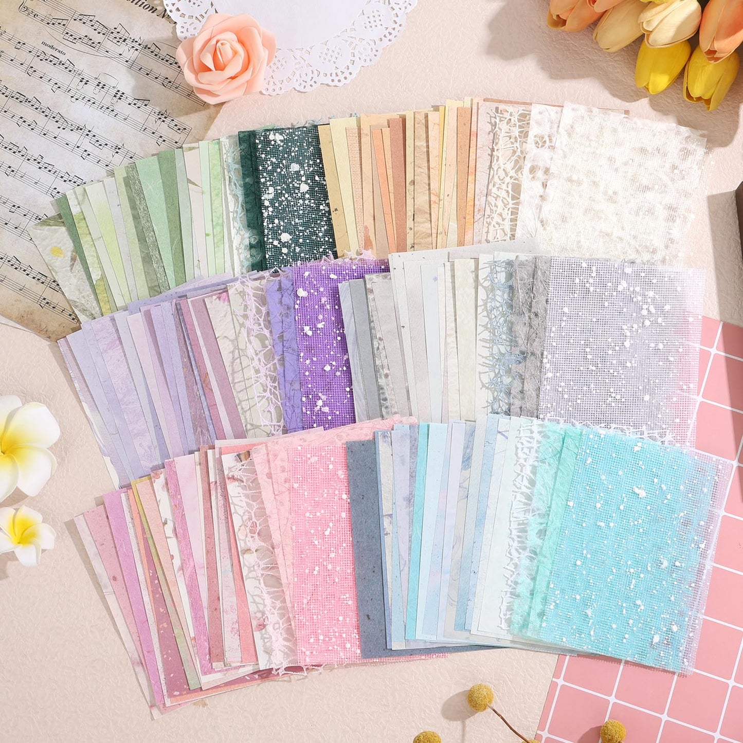 156 Sheets Textured Scrapbook Paper and Mesh Fabric Assorted Set, Sublaga 6 Pack Mixed Special Paper for Scrapbooking Planner Bullet Junk Journal Supplies 5.5x4 Inch