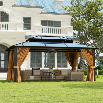 Aoxun 12'x16' Hardtop Gazebo, Aluminum Frame Permanent Pavilion with Curtains and Netting, Outdoor Polycarbonate Double Roof Canopy with Ceiling Fan, for Garden, Lawns, Patio, Brown