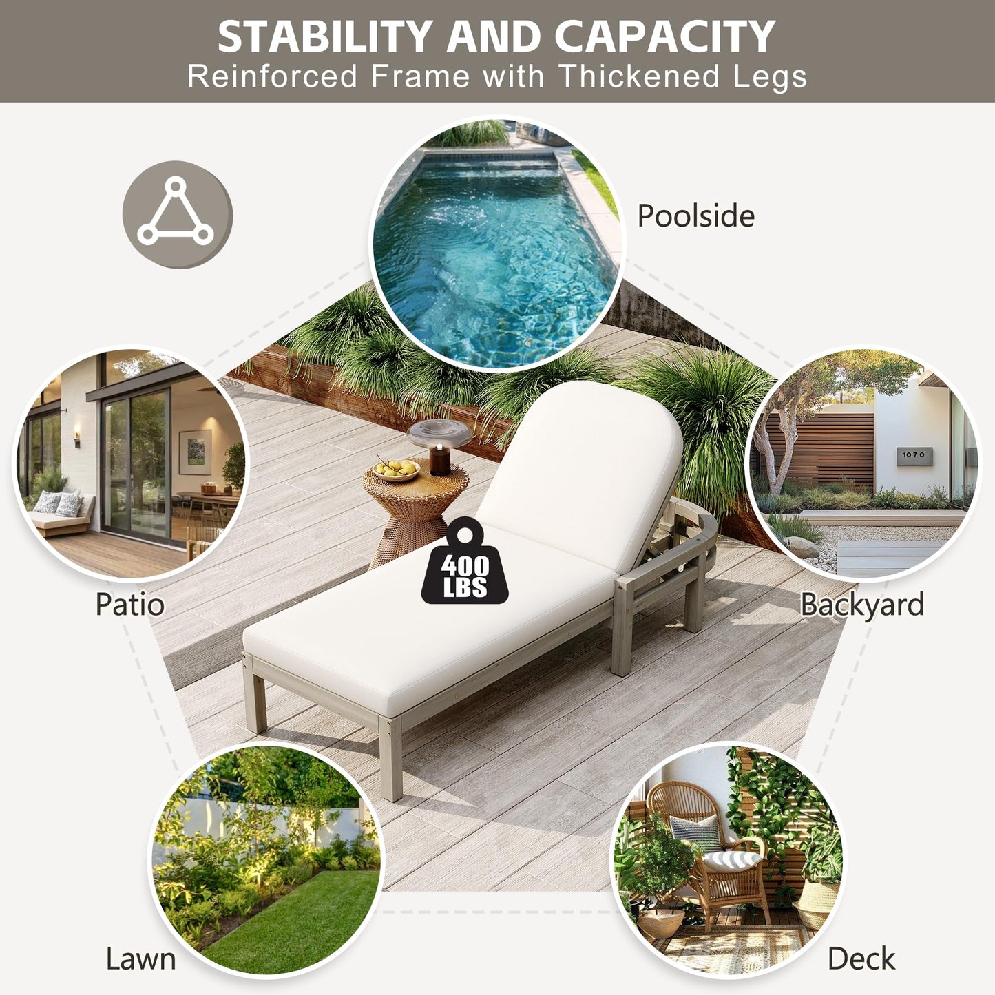 Merax Outdoor Chaise Lounge,Premium Acacia Wood Patio Recliner with Arched Backrest,5-Position Adjustable Backrest,Thick Cushion,Outdoor Lounge Chair for Poolside,Backyard,Deck & Lawn,Gray