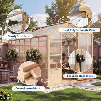 GarveeLife 8'x14' Wooden Greenhouse for Outdoor, Large Walk-in Greenhouse Kit with Ventilated Window, Door & Polycarbonate Panels, Heavy Duty Wood Frame Green House for Patio Garden Backyard