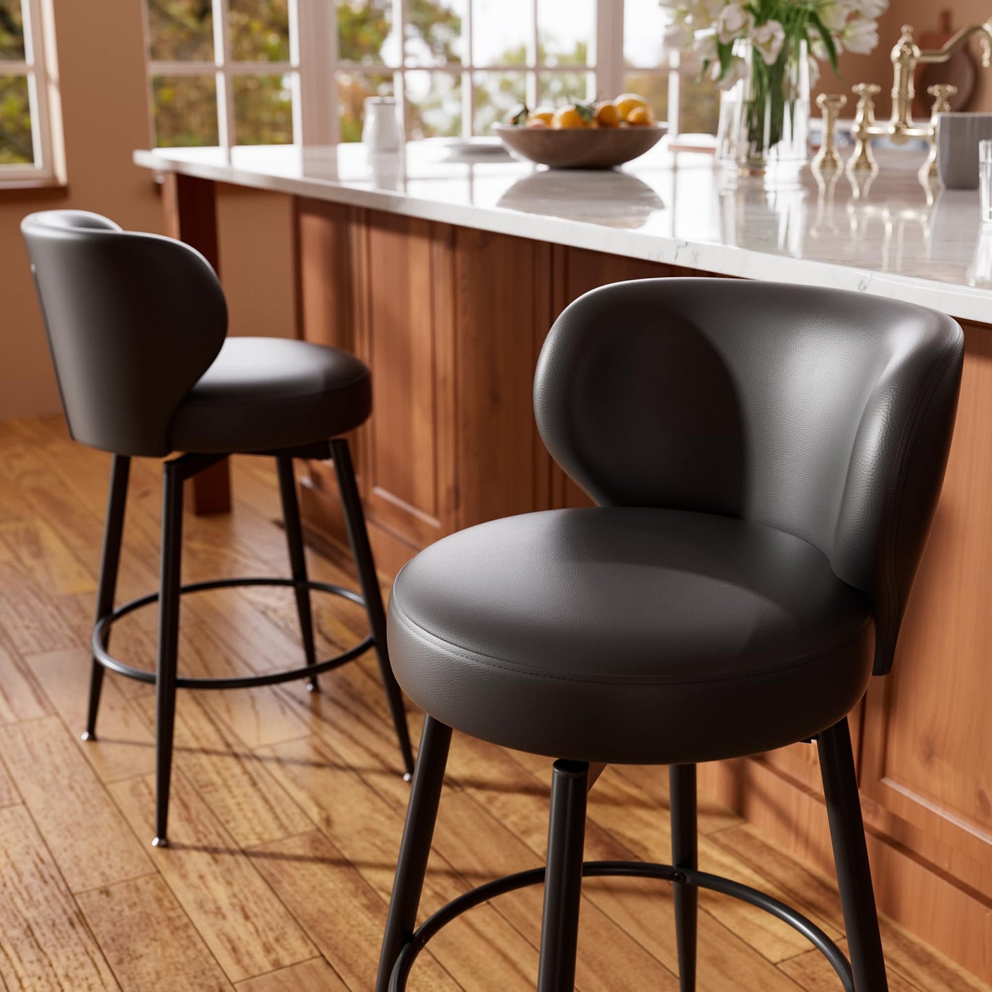 Sucrever Bar Stools Set of 4, 26" Counter Height Swivel Bar Stools, Upholstered Leather Barstools with Back Footrest Metal Legs, Stools for Kitchen Island, Home Bar, Dining Room Black