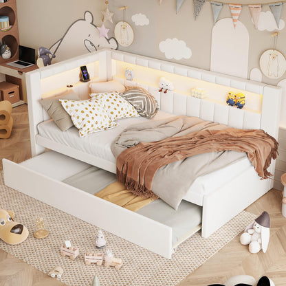 DNYN Upholstered Twin Size Daybed with Trundle for Bedroom,Apartment,Solid Wood Bedframe w/USB Ports & LED Design,Super Save Space & No Box Spring Needed, White