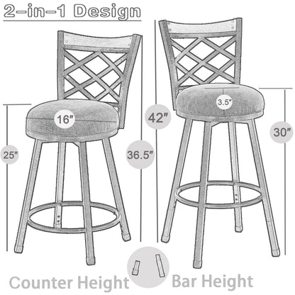 MIITODAY Set of 2 Swivel Bar Stools with Backs, 2-in-1 Adjustable 25"/30" Height, Farmhouse Kitchen Counter Chairs, Heavy Duty Industrial Metal & Black Faux Leather Seat