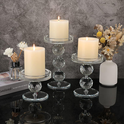 OwnMy Crystal Glass Pillar Candlestick Holders - Set of 3 Modern Tealight Votive Stands for Weddings & Home Decor
