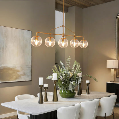 Lzawvm Modern Linear Chandelier Gold 5 Light Dining Room Linear Chandelier with Seeded Glass Globe 39 Inch Kitchen Island Pendant Light Electroplated Copper Finish for Farmhouse Living Room