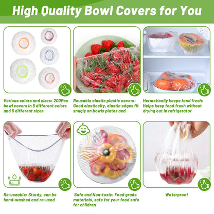 Sublaga 200Pcs Reusable Plastic Bowl Covers - 5 Sizes With Elastic, Food Grade Safe Material