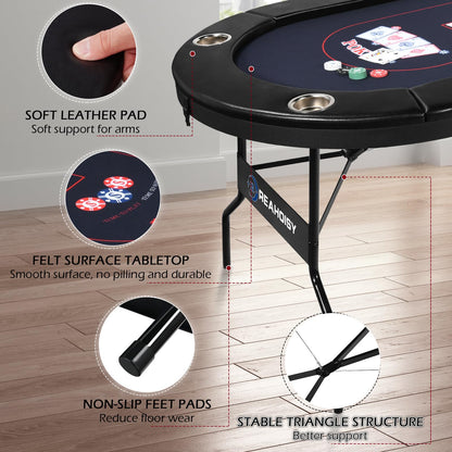 REAHOISY 72" Foldable Poker Table, 8 Player Folding Poker Tables with Casino Grade Felt, Padded Rails & Cup Holders, Portable Poker Table for Texas Holdem