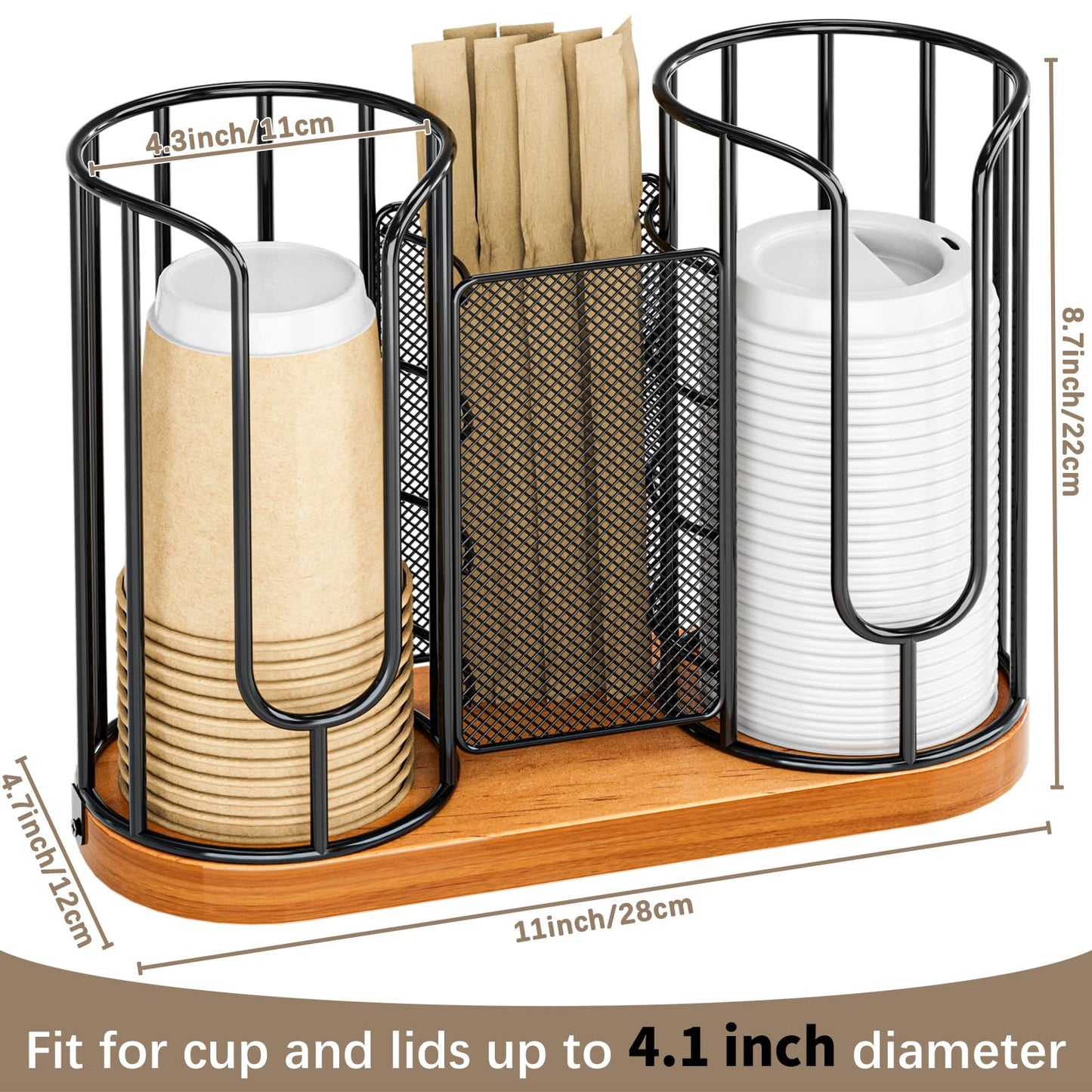 Coffee Cup and Lids Holder - Disposable Cups Straws Organizer with Wooden Base - Paper Plastic Cup Holder Dispenser Storage for Countertop Coffee Station Bar Restaurant Office Breakroom Shop Kitchen