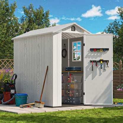 Patiowell 4 x 6 FT Plastic Outdoor Storage Shed with Floor, Resin Shed Outside Tool Shed with Window and Lockable Door for Backyard Garden Patio Lawn, Light Gray (Fit-it Shed)