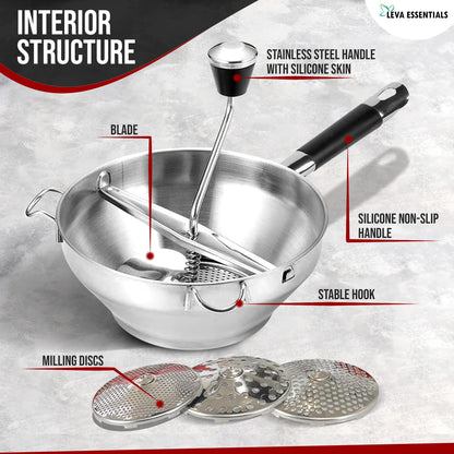 Premium Stainless Steel Food Mill - Effortless Pureeing, Straining & Milling for Soups, Sauces, Baby Food, and More – Includes 3 Interchangeable Discs – Durable & Easy-to-Clean Design