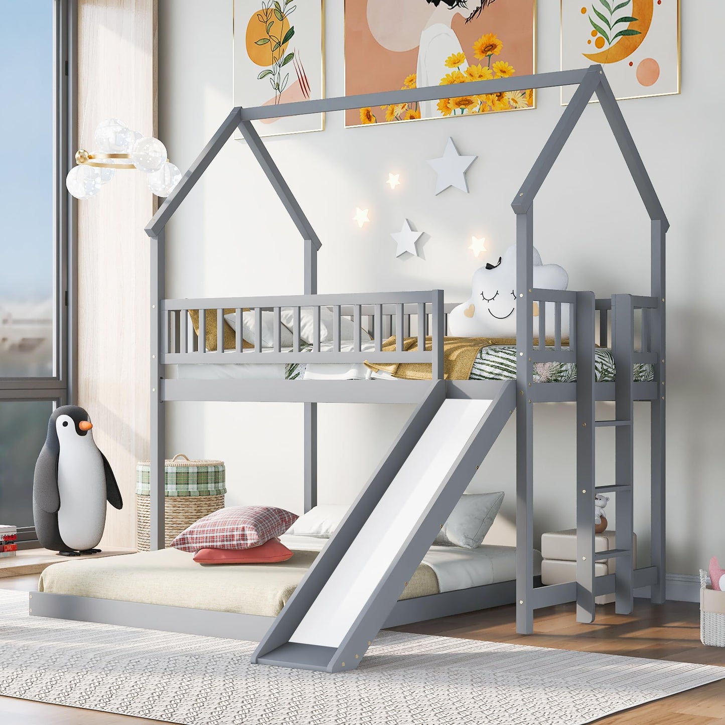 Bellemave Twin Over Full Bunk Bed with Slide and Built-in Ladder, House Shaped Solid Wood Bunk Beds with Full-Length Guardrail for Kids,Teens, Adults, No Box Spring Required, Gray