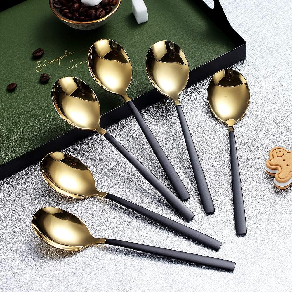 Homquen 6 Pieces Black and Gold Plating Coffee Spoons, 6.3" Modern Design Stainless Steel Tea Spoons Set