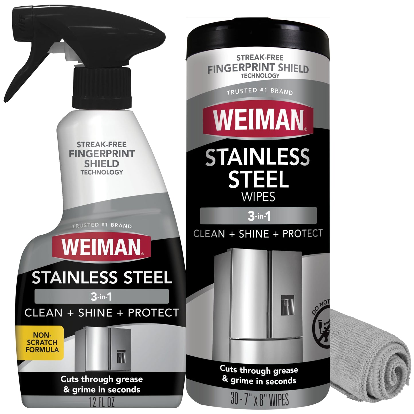Weiman Stainless Steel Cleaner & Polish Kit, 3 Piece - Spray, Wipes & Cloth, Anti-Fingerprint, Removes Grease, Water Spots, Streaks & Residue, Polishing Cleaner Safe for Appliances, Sinks & Grills