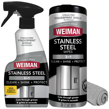 Weiman Stainless Steel Cleaner & Polish Kit, 3 Piece - Spray, Wipes & Cloth, Anti-Fingerprint, Removes Grease, Water Spots, Streaks & Residue, Polishing Cleaner Safe for Appliances, Sinks & Grills