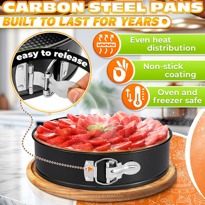 Spring Form Pan for Cheesecake - Leak Resistant Springform Pan Set, Easy-Open Latch, Removable Bottom, Clean Release, Nonstick Round Cake Pans Set, 60 Parchment Liners, Great as Kitchen Gifts for Mom