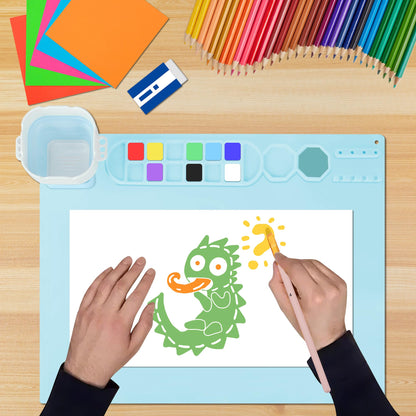 MEKOTRIN 2PCS Silicone Painting Mat, 20"X16" Art Mat with Cup and Palettes, Silicone Craft Mat has 16 Color Dividers, Paint Mat for Artist Clay DIY Creations(Blue+Green)
