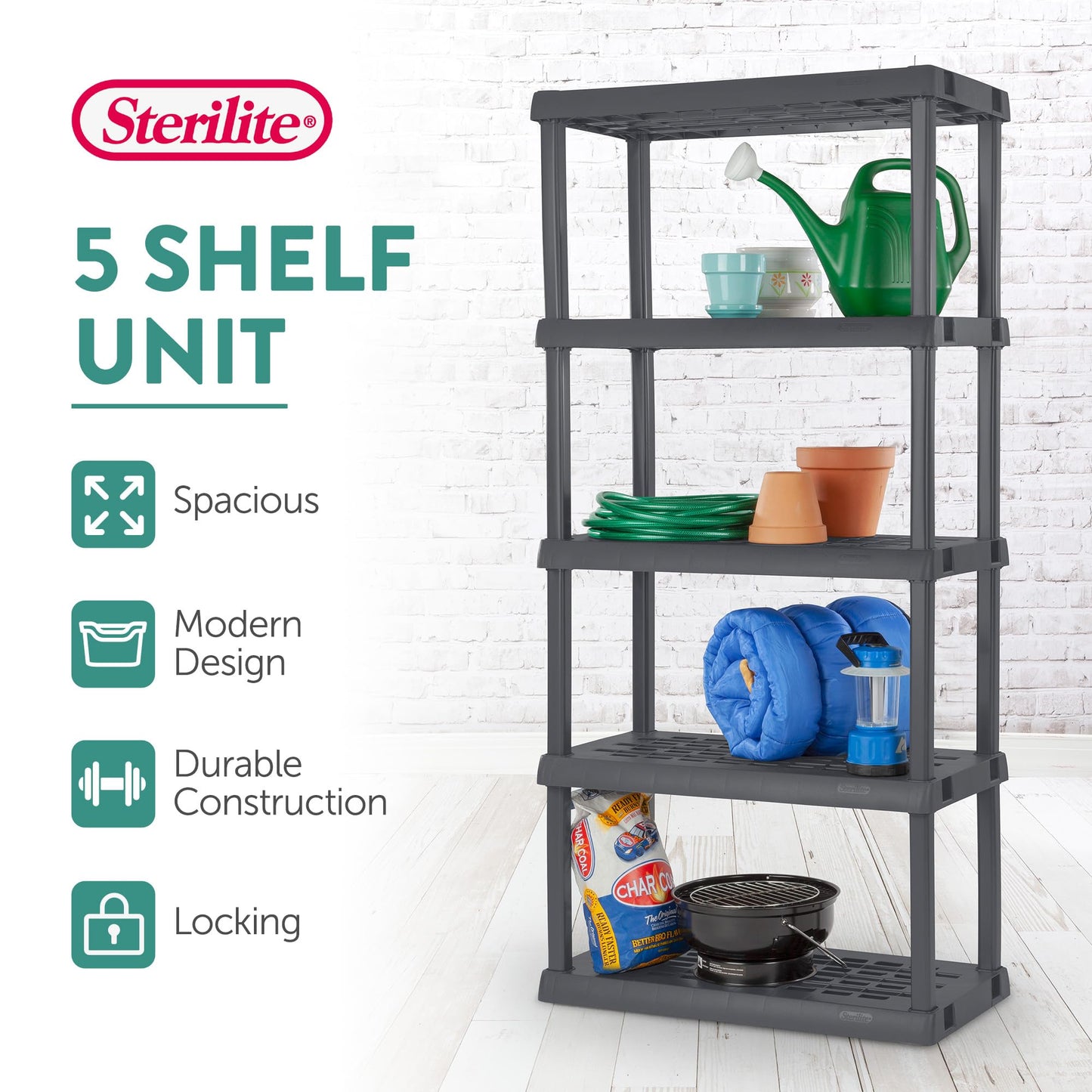 Sterilite 4 & 5 Shelf Plastic Storage Units Bundled with Easy to Assemble Storage Cabinet for Garage, Pantry & Kitchen Organization, 4 Shelves, Gray