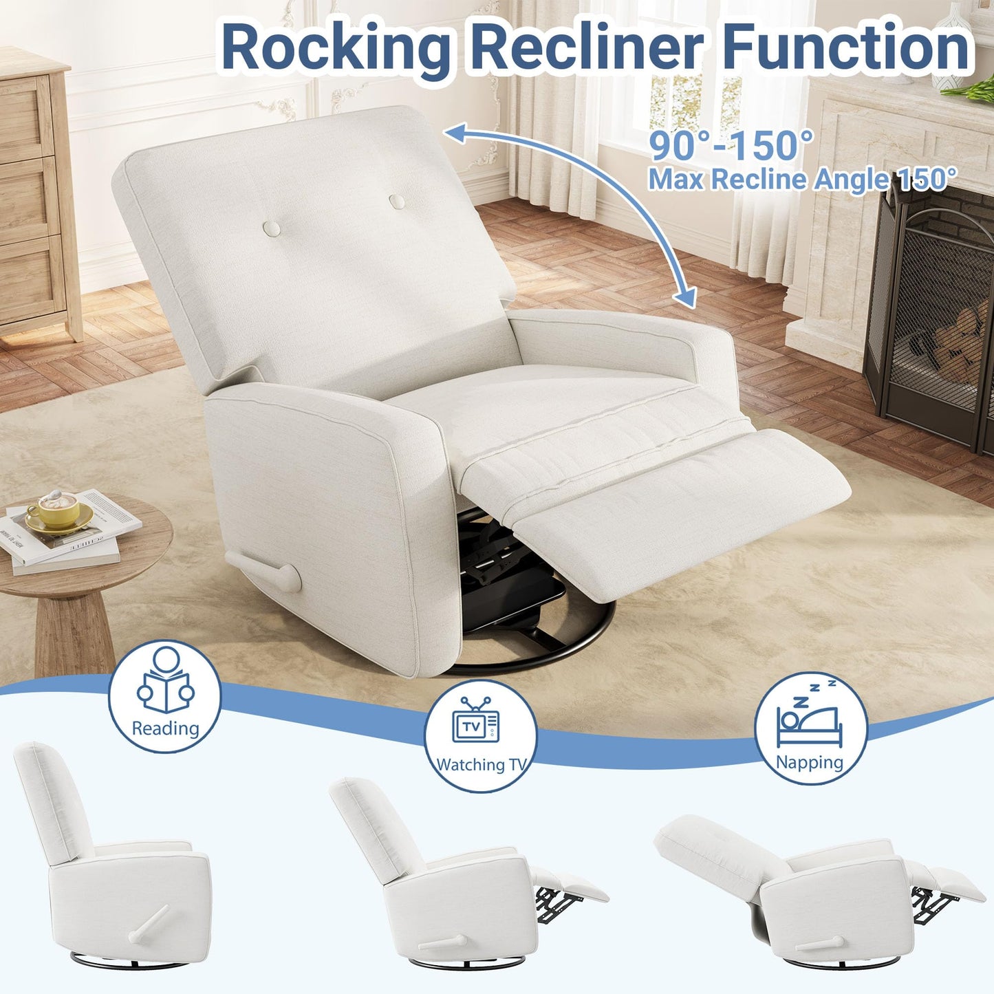 Garvee Nursery Recliner Chair, 360° Swivel Rocking Glider Chair for Adults with Adjustable Backrest & Footrest, Cozy Linen Upholstered Armchair for Living Rooms, Bedrooms, Apartments, Beige