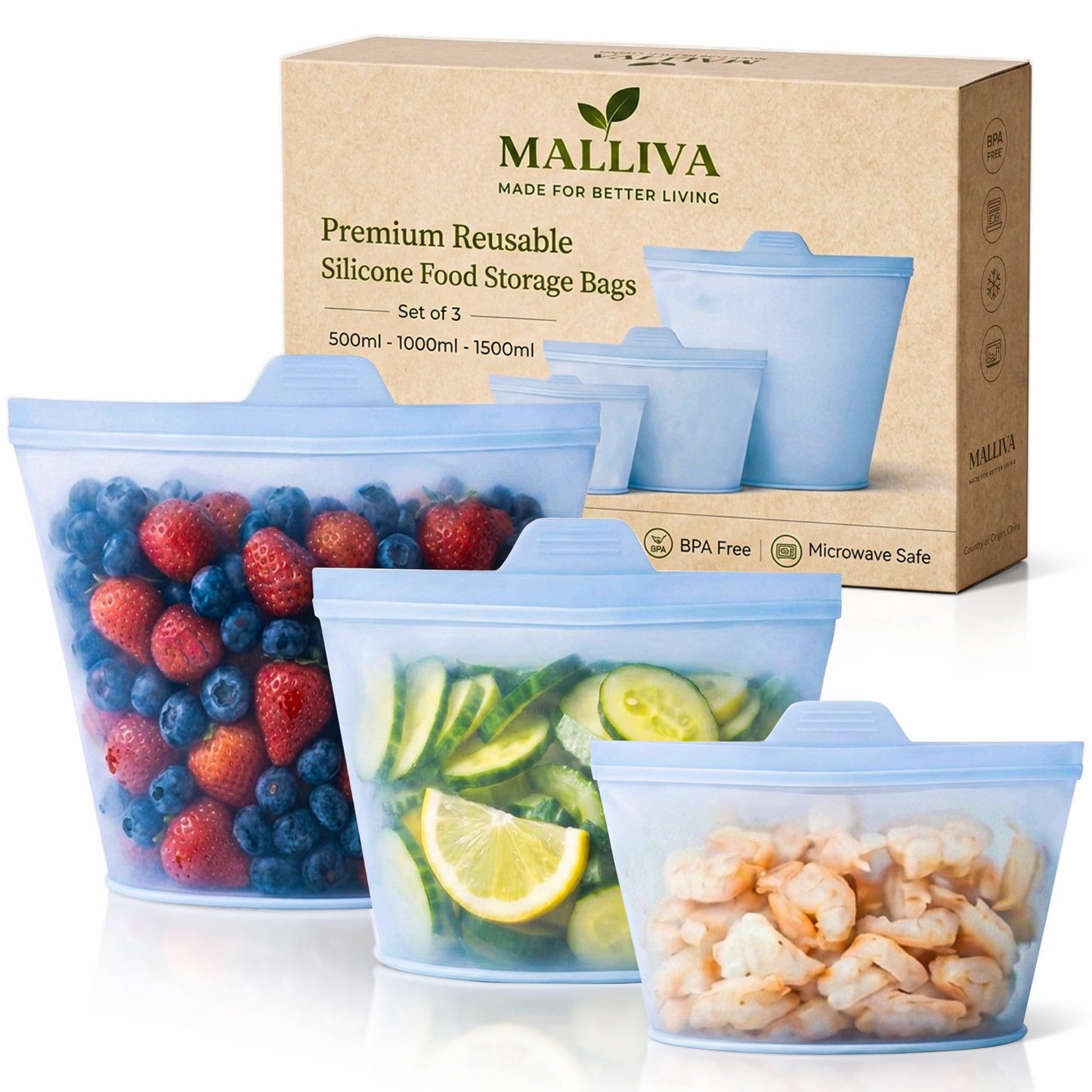 MALLIVA Premium Reusable Platinum Silicone Bags for Food Storage, 3 Pack(17, 34 & 51oz), Stand Up Ziplock Bags, Meal Prep Bag, Sandwich Bag, Snack Bag, BPA Free, Freezer, Microwave & Dishwasher-Safe